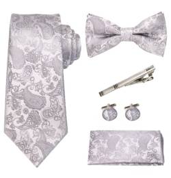 RBOCOTT Silber Paisley Krawatte und Fliege Einstecktuch mit Krawattenklammer und Manschettenknöpfe Sets(3) von RBOCOTT