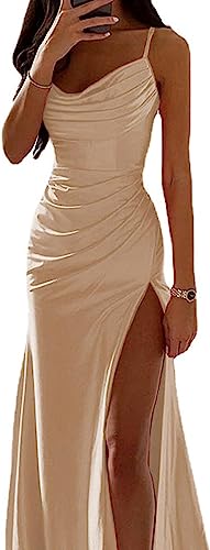 Damen Ballkleid Kleid, Abendkleid und Abschlussball rückenfreies Kleid, Satin-Meerjungfrauen-Cocktailkleid, ärmelloser Langer Rock für Frauen einfarbiges Seidenslip-Cocktailkleid-apricot||M von RCIDOS