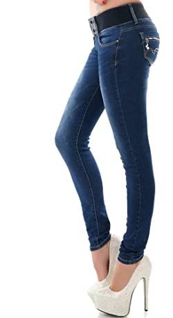 RED SEVENTY Damen Skinny Jeans Stretch Denim Hose mit G?rtel Gr. 32-40, Blau Wt140, 36 von RED SEVENTY