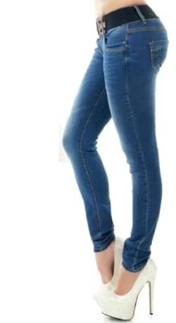 RED SEVENTY Damen Skinny Jeans Stretch Denim Hose mit Gürtel Gr. 32-40, Blau Wt196, 36 von RED SEVENTY