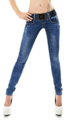 RED SEVENTY Damen Skinny Jeans Stretch Denim Hose mit Gürtel Gr. 32-40, Blau verwaschenes W150, 36 von RED SEVENTY