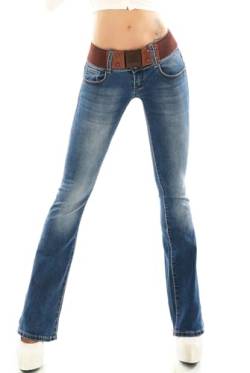 RED SEVENTY Damen Stretch Denim Skinny Boot Cut Jeans Hose Blau Faded mit Gürtel EU 39-42, Blau W346, 34 von RED SEVENTY