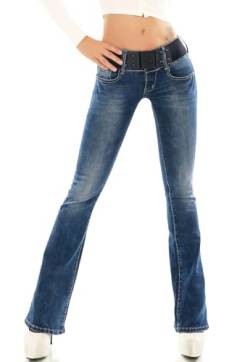 RED SEVENTY Damen Stretch Denim Skinny Boot Cut Jeans Hose Blau Faded mit Gürtel EU 39-42, W345 Blau, 38 von RED SEVENTY