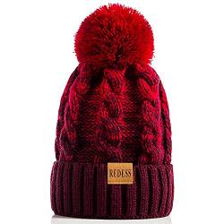 REDESS Damen Winter Bommel Beanie Mütze mit warmem Fleece gefüttert, Dicker Slouchy Snow Knit Skull Ski Cap von REDESS