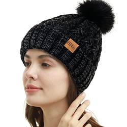 REDESS Damen Winter Pompom Beanie Mütze Fleece gefütterte warme Mützen, Dicke, lässige Schneestrickmütze für Damen von REDESS