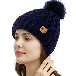 REDESS Damen Winter Pompom Beanie Mütze Fleece gefütterte warme Mützen, Dicke, lässige Schneestrickmütze für Damen von REDESS