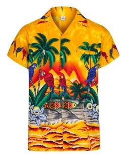 REDSTAR Hawaii-Hemden für Herren, kurzärmelig, Button-Down-Hemd, Papagei und Palme, Strand, tropisch, für den Sommer, Hawaii-Kostüm, gelb, L von REDSTAR