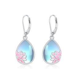 REDSUN Mondstein Ohrringe Lotus Blume Ohrringe 925 Sterling Silber Mondstein Tropfen Ohrringe Leverback Mondstein Schmuck Weihnachten Geburtstag Geschenke für Frauen Mädchen von REDSUN