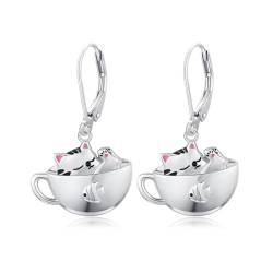 REDSUN Tasse Ohrringe 925 Sterling Silber Katze Tasse Ohrringe Katze Hanging Leverback Ohrringe Schmuck Geschenke für Frauen Mädchen Kinder Geburtstag von REDSUN