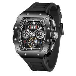 REEF TIGER Luxus Herren Tonneau Multifunktionale mechanische Uhr Selbstaufzug Automatik Gummi Armbanduhr für Männer RGA3009, Rga3009-bbb, Armband von REEF TIGER