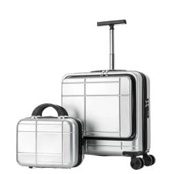 REEKOS Kabinenkoffer Koffer Rollkoffer 2-teilige Sets Spinner 18-Zoll-Koffer, Mit Teleskopgriff, 14-Zoll-Kosmetikkoffer Reisekoffer Handgepäck (Color : Silver, Size : 14+18in) von REEKOS