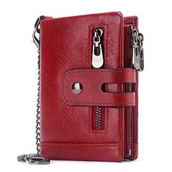 REETEE Geldbörse für Damen, RFID-Blockierung, Kleiner Reißverschluss, 16 Kartenfächer, aus Leder, Bifold Wallet mit Kette, Rot, Court paragraphe, Klassisch von REETEE