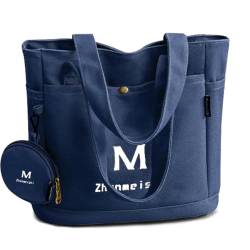 REETEE Handtasche Damen Canvas Shopper Tasche Damen Mittelgroß Tote Bag mit Münzgeldbörse, Casual Multifunktionale Schultertasche Umhängetaschen für Alltag, Büro, Schulausflug und Einkauf (blau) von REETEE