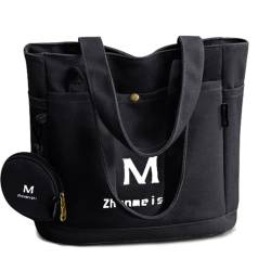 REETEE Handtasche Damen Canvas Shopper Tasche Damen Mittelgroß Tote Bag mit Münzgeldbörse, Casual Multifunktionale Schultertasche Umhängetaschen für Alltag, Büro, Schulausflug und Einkauf (schwarz) von REETEE