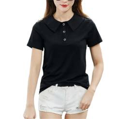 Damen-Poloshirt, kurzärmelig, leger, einfarbig, Knöpfe, Golf-Pullover, Schwarzes Poloshirt, X-Large von REHJJDFD