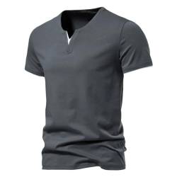 REHJJDFD Herren Kurzarm Henley Shirts Casual Baumwolle Slim Fit Basic V Ausschnitt Sport T-Shirt, dunkelgrau, XL von REHJJDFD