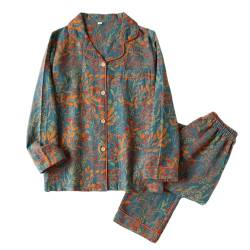 REHJJDFD Damen Gedruckt Baumwolle Pyjama Set Frühling Herbst Umlegekragen Langarm Hose Hauskleidung, Blaue untere Blätter, 46 von REHJJDFD
