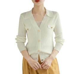 REHJJDFD Langärmeliges Strickshirt für Damen, schlicht, einfarbig, schmale Strickjacke, weiß, XL von REHJJDFD