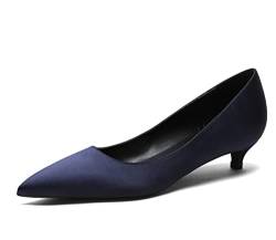 Damen Kätzchen Low Heels Satin Pumps Mode Elegante Zehenspitze Büro Pump Schuhe Dunkelblau 38 EU von REKALFO