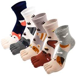 REKYO 5 Paar Zehen Socken Baumwolle Kinder fünf Finger Socken niedlichen Cartoon Tiermuster Socken für jungen Mädchen 3-12 Jahre (Karikatur, 3-7 Jahre) von REKYO