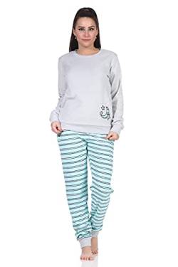 Damen Frottee Schlafanzug mit Bündchen - Hose gestreift, Oberteil mit Mond Applikation, Farbe:grau, Größe:36-38 von RELAX by Normann