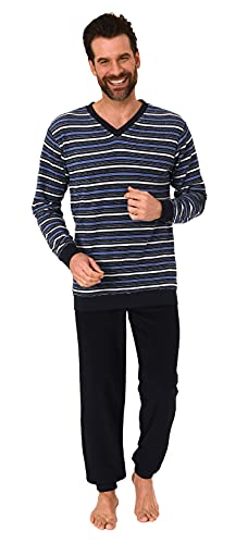 Herren Frottee Schlafanzug, Pyjama mit Bündchen in Streifenoptik - 65319, Farbe:Navy, Größe:54 von RELAX by Normann