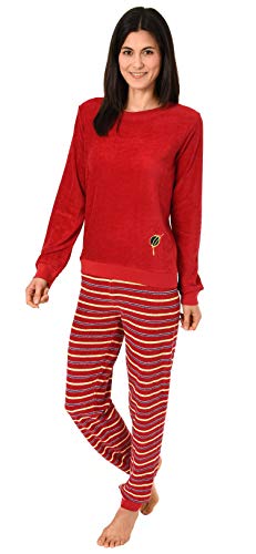 RELAX by Normann Damen Frottee Pyjama Langarm mit Bündchen, Hose gestreift, Oberteil unifarben mit Motiv, Farbe:rot, Größe:36/38 von RELAX by Normann