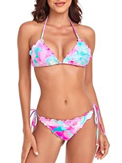 RELLECIGA Damen Bikini-Set, gewellt, dreieckig, brasilianische Bademode, Blau-violettes Blumenmuster, XL von RELLECIGA