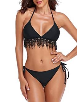 RELLECIGA Damen Häkelspitze Quaste Bikini Badeanzug Set, schwarz 2, Medium von RELLECIGA