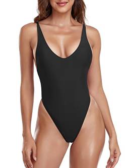 RELLECIGA Damen High Cut Low Back One Piece Tanga Badeanzug für Frauen, Schwarz, S von RELLECIGA