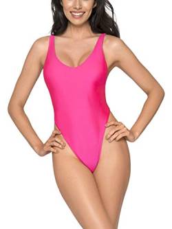 RELLECIGA Damen Monokini One-Piece String Thong Bikini High Cut Badeanzug Neon Rosa L von RELLECIGA