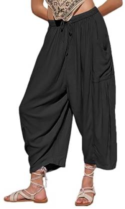 REOCHEL Damen Weite Bein Palazzo Harem Yogahose Casual Lose Strand Pilates Lounge Hose mit Taschen, Schwarz, M von REOCHEL