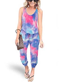 REORIA Damen Ärmellos Elastische Taille Jumpsuit mit Taschen Krawattenfarbe Rosa Blau L von REORIA