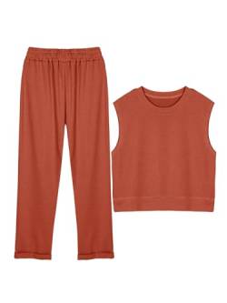 REORIA Damen Baumwolle Trainingsanzüge einfarbig Rundhalsausschnitt ärmelloses Top und kurze Hosen Jogginganzug Zweiteiler Overall Outfits Rot M von REORIA