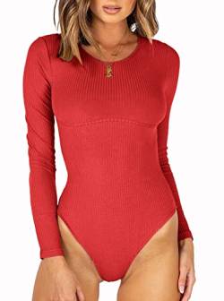 REORIA Damen Bodies Elegant Sexy Body Rundhalsausschnitt langarm gerippten Bodysuits Overalls Rot L von REORIA