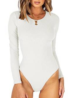 REORIA Damen Bodies Elegant Sexy Body Rundhalsausschnitt langarm gerippten Bodysuits Overalls Weiß L von REORIA