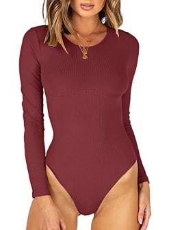 REORIA Damen Bodies Elegant Sexy Body Rundhalsausschnitt langarm gerippten Bodysuits Overalls Wienrot XL von REORIA