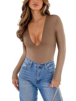 REORIA Damen Body sexy V Ausschnitt lange Ärmel Einteiler Übergröße Herbst Ausgehen tief geschnitten doppelt gefüttert T Shirt Oberteile Latte X Large von REORIA