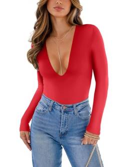 REORIA Damen Bodysuit sexy tiefer V Ausschnitt langärmelig einteilig Herbst Schlankheits T Shirt doppelt gefüttert Ausgehen T Shirt Rot Größe L von REORIA