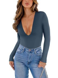 REORIA Damen Bodysuit sexy tiefer V Ausschnitt langärmelig einteilig Herbst Schlankheits T Shirt doppelt gefüttert Ausgehen T Shirt Sternblau Größe M von REORIA