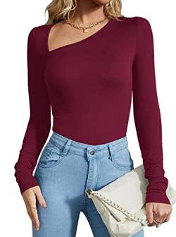 REORIA Damen Casual Classy Asymmetrischer Ausschnitt Langarm gerippt Slimming Tanga Trikots Bodysuit Tops Burgund XX-Large von REORIA