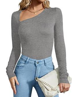 REORIA Damen Casual Classy Asymmetrischer Ausschnitt Langarm gerippt Slimming Tanga Trikots Bodysuit Tops Hellgrau Large von REORIA