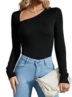 REORIA Damen Casual Classy Asymmetrischer Ausschnitt Langarm gerippt Slimming Tanga Trikots Bodysuit Tops Schwarz Medium von REORIA