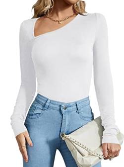 REORIA Damen Casual Classy Asymmetrischer Ausschnitt Langarm gerippt Slimming Tanga Trikots Bodysuit Tops Weiß Medium von REORIA