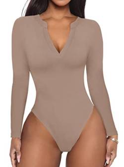 REORIA Damen Casual Sexy V-Ausschnitt Taillierte Langarm-T-Shirts Arbeit Abnehmen Gerippter Tanga Trikots Bodysuits Tops Khaki XX-Large von REORIA