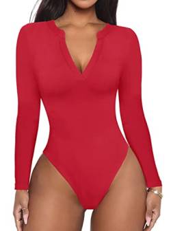 REORIA Damen Casual Sexy V-Ausschnitt Taillierte Langarm-T-Shirts Arbeit Abnehmen Gerippter Tanga Trikots Bodysuits Tops Rot XX-Large von REORIA