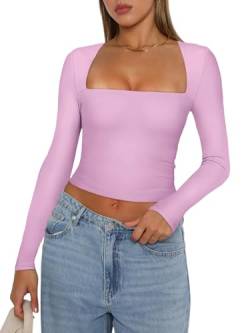 REORIA Damen Herbst T Shirt sexy lässig quadratischer Ausschnitt langärmelig modisch Kurze T Shirts schmal geschnitten Basic Y2K Ausgehen Crop Top Übergröße Korallenrosa XX Large von REORIA