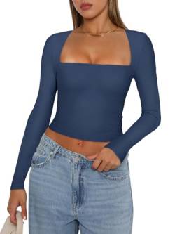 REORIA Damen Herbst T Shirt sexy lässig quadratischer Ausschnitt langärmelig modisch verkürzte T Shirts schmal geschnitten Basic Y2K Ausgehen Crop Top Übergröße Sternenblau XX Large von REORIA