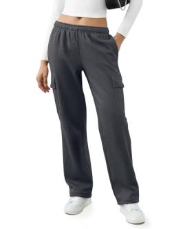 REORIA Damen Jogginghose Trendige Mode weites Bein Jogginghose mit Taschen Kordelzug mittelhoher Bund Y2K Herbst Winter Fleece gefütterte Baggy Hose sportliche Jogginghose Blau Grau L von REORIA