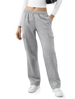 REORIA Damen Jogginghose Trendige Mode weites Bein Jogginghose mit Taschen Kordelzug mittelhoher Bund Y2K Herbst Winter Fleece gefütterte Baggy Hose sportliche Jogginghose Grau S von REORIA